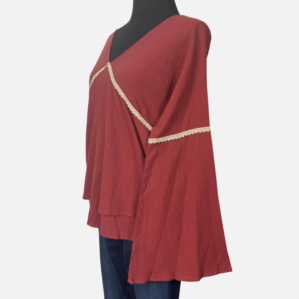 Listicle V-Neck Layered Long Bell Sleeves Small Boho Lace Trim Top 70s Retro NEW - Picture 4 of 11